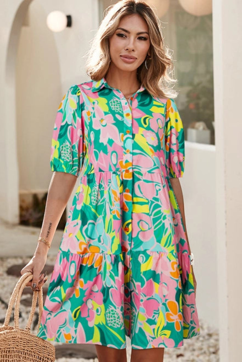 Harper Vintage Style Floral Dress with Puff Collar - Green