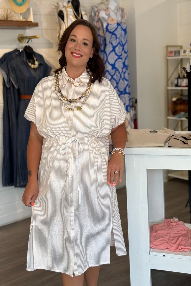 Tan and white striped dolman sleeve midi shirtdress with spread collar, full button-down front, drawstring tie waist, and side slits — Mirror on Main