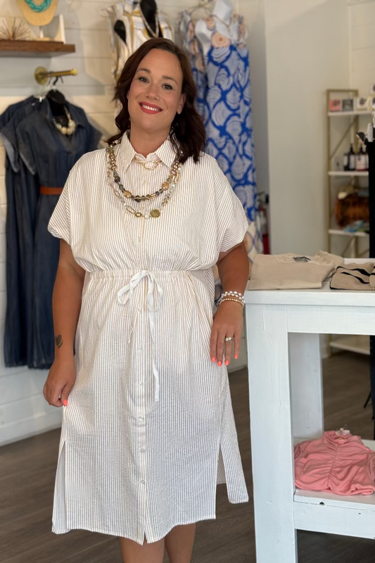 Tan and white striped dolman sleeve midi shirtdress with spread collar, full button-down front, drawstring tie waist, and side slits — Mirror on Main