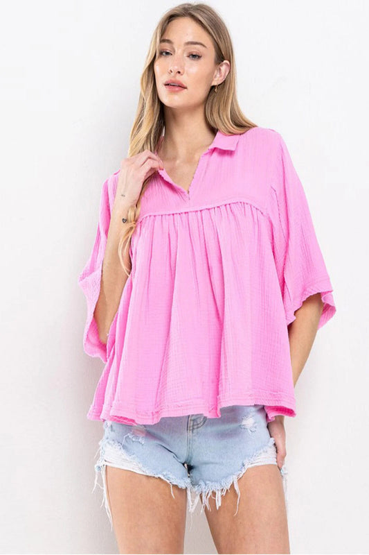 IVY SHORT SLEEVE V-NECK OVERSIZED HIGH-LOW TUNIC TOP - PINK