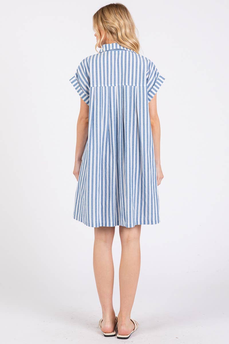 IZZY COTTON STRIPED BUTTON DOWN TUNIC DRESS - BLUE