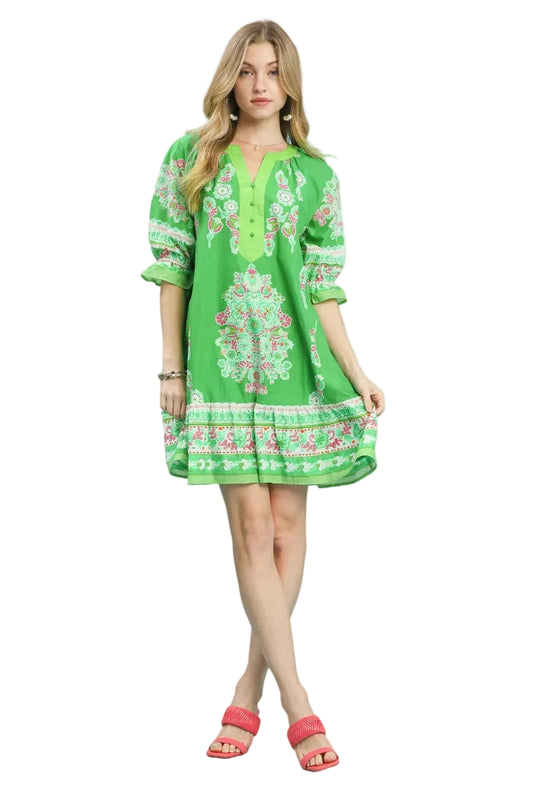 Isla Green Embroidered Boho Mini Dress