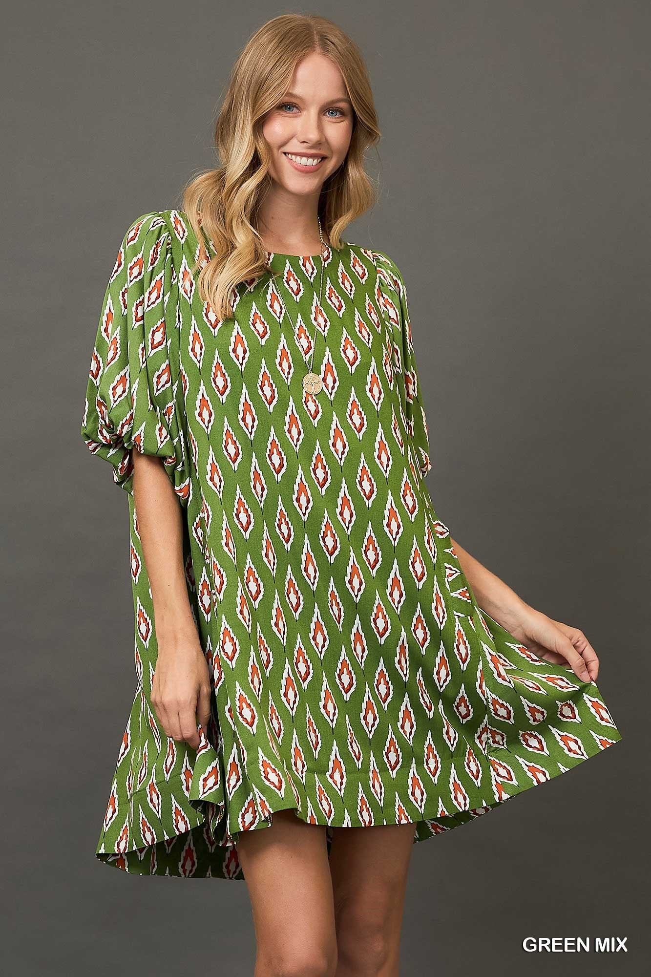 Izzy Leaf Print Dress with Puff Sleeves