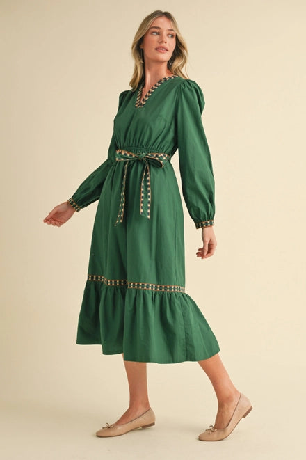 June Embroidered Detail Midi Dress - Green