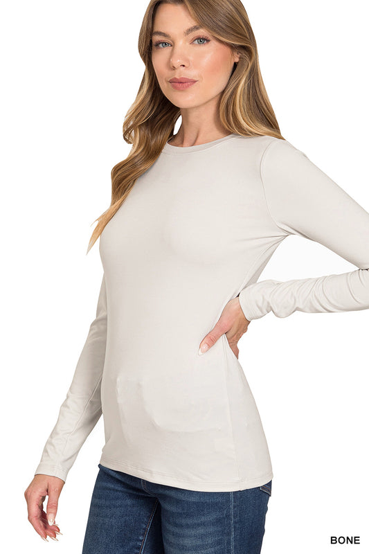 Just Basic Round Neck Long Sleeve T-Shirt - Bone