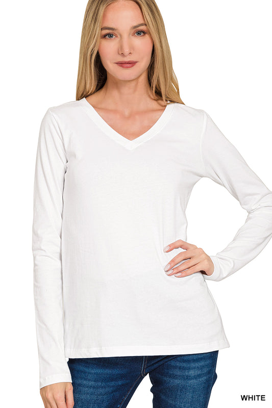 Just Basic V Neck Long Sleeve T-Shirt - White