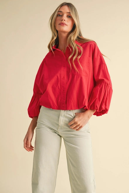 Justice Bubble Sleeve Button Down Top - Red