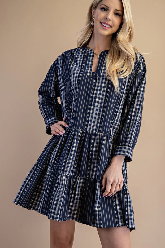 Kara Check and Stripe Long Sleeve Dress - Navy