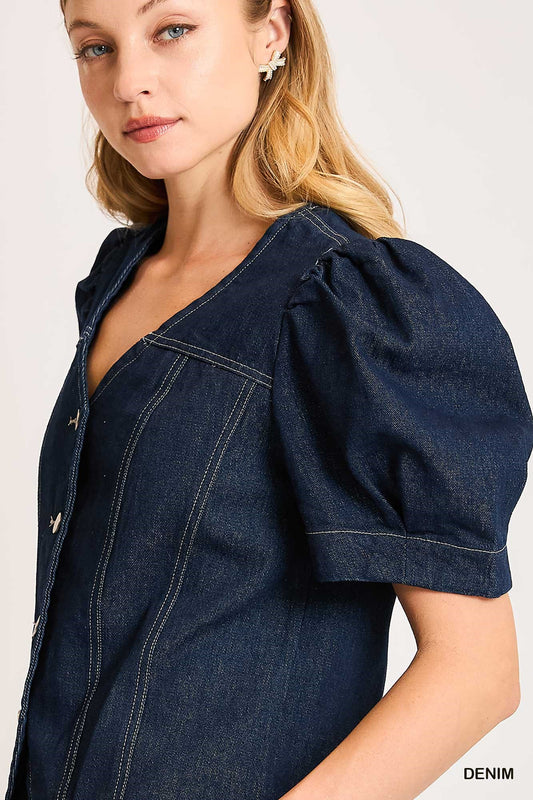 Leah V Neck Denim Button Down Top
