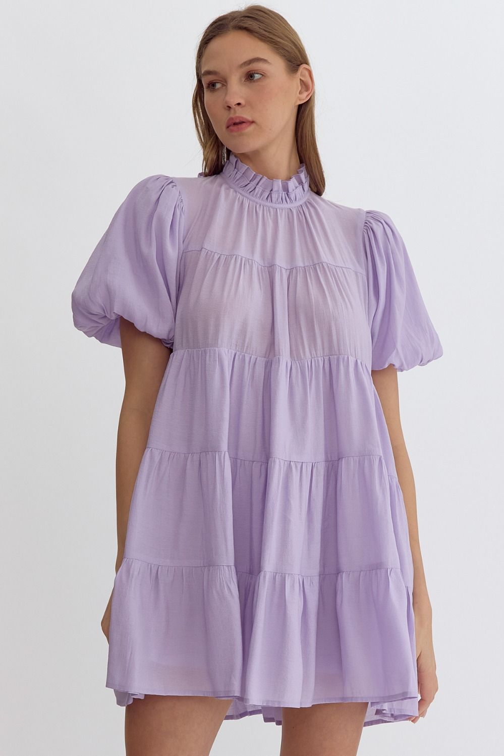 Lila Tiered Mini Dress with Puff Sleeves and Ruffle Neckline