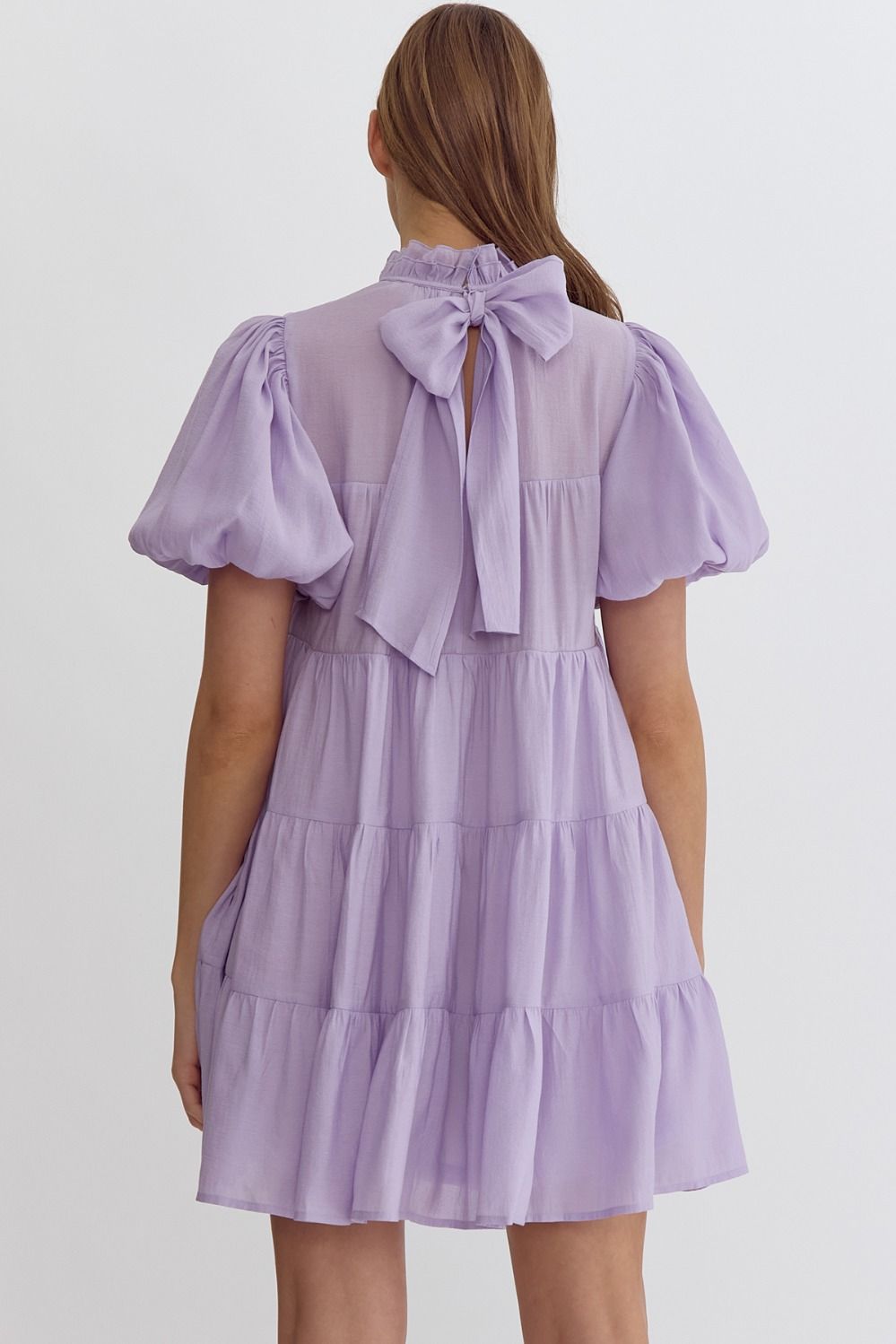 Lila Tiered Mini Dress with Puff Sleeves and Ruffle Neckline