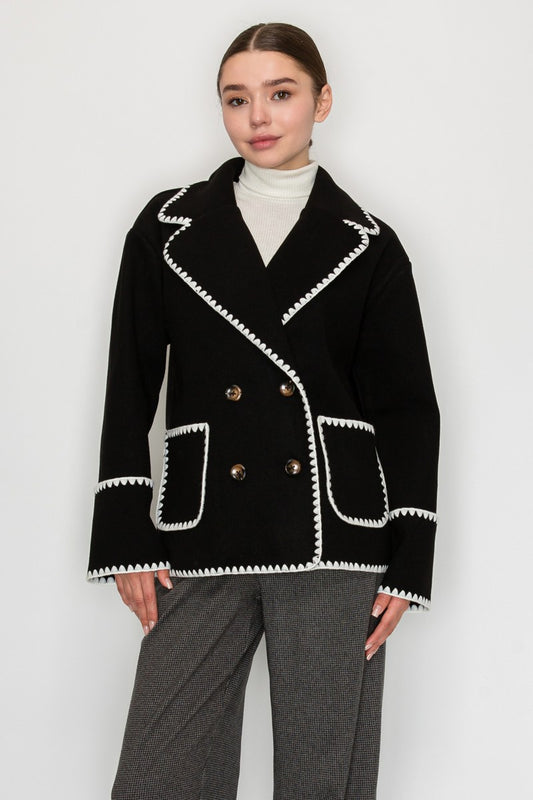 Lisa Double Breasted Blanket Stitch Jacket  - Black