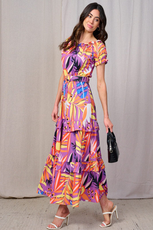 Lisa Short Sleeve Print Maxi Dress - Purple Multi