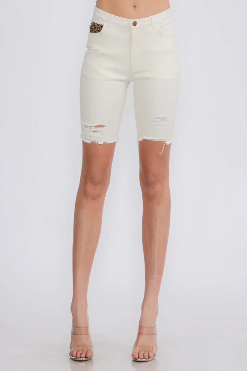 London Button Closure Stretch Shorts - White