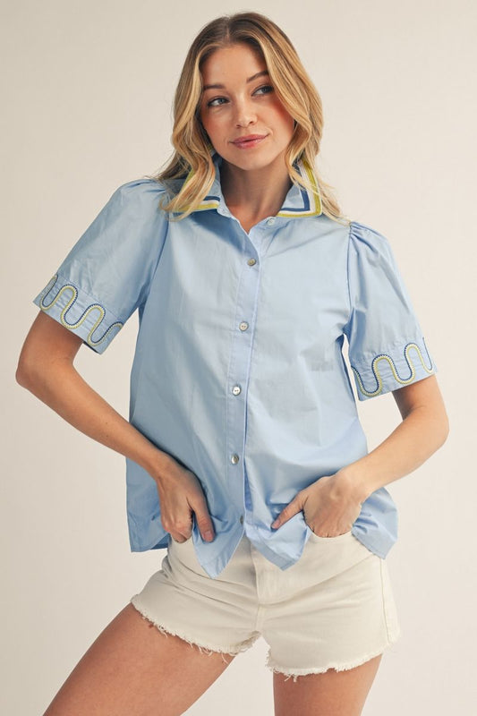 Marlowe Blue Button Down Top with Embroidered Sleeve Detail