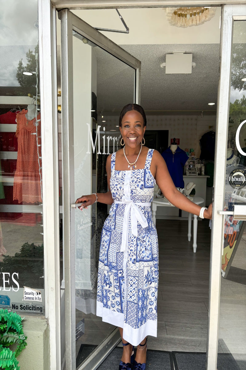 Mediterranean Tile Button Midi Dress in blue and white coastal tile print with square neckline, white button front, self-tie waistband and full midi skirt