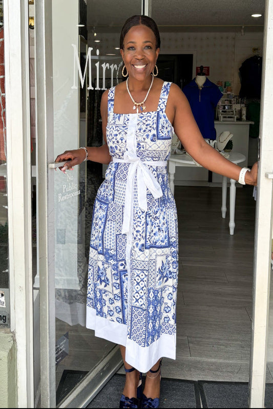 Mediterranean Tile Button Midi Dress in blue and white coastal tile print with square neckline, white button front, self-tie waistband and full midi skirt