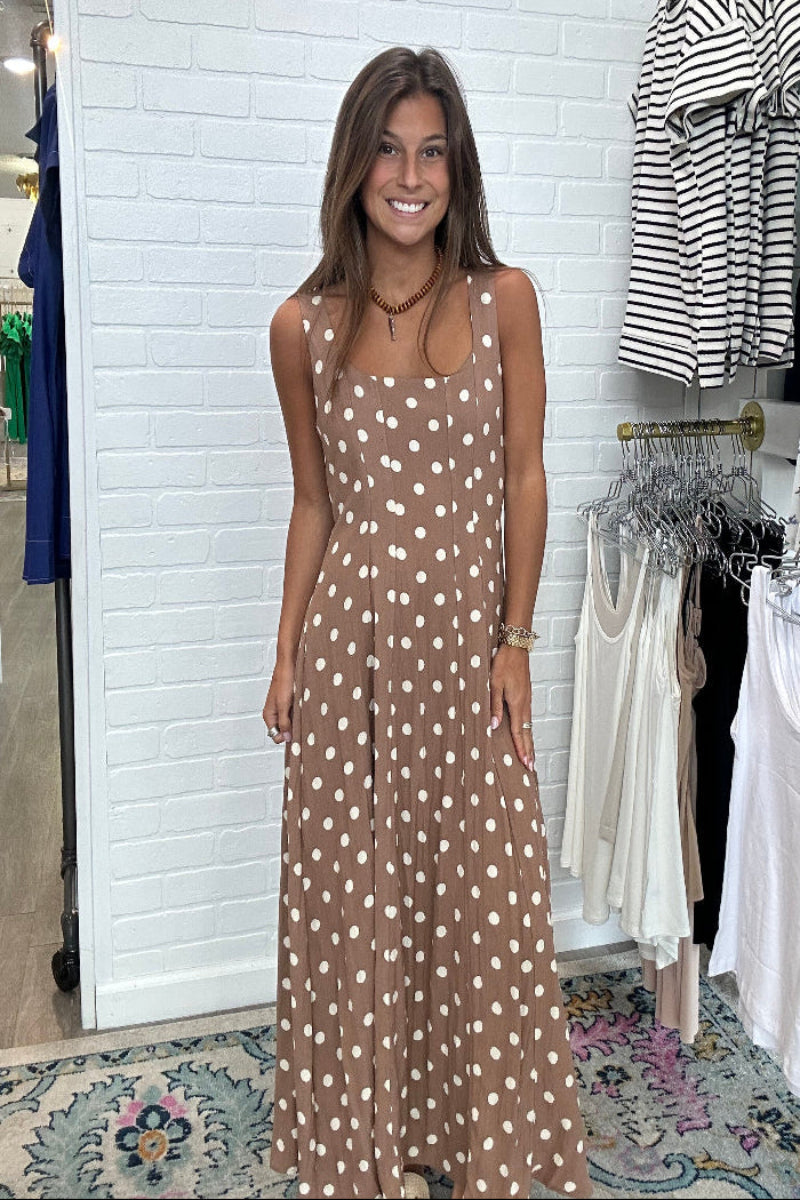 Mocha and white polka dot linen-cotton maxi dress with scoop square neckline, wide shoulder straps, vertical seam bodice detail, and elastic back panel — Mirror on Main