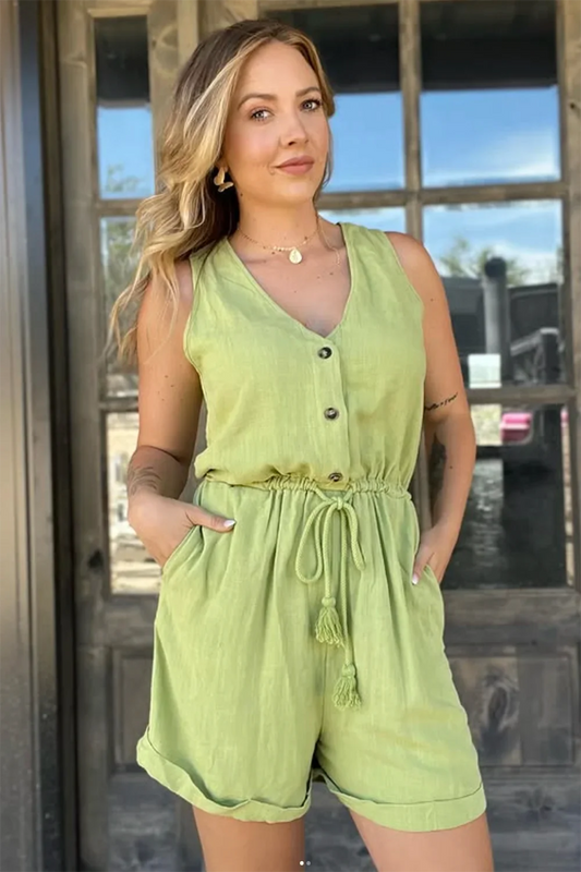 Natalie Linen Button Front V-Neck Romper - Green