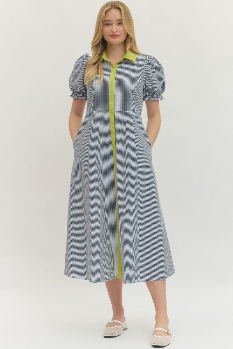 Navy and white pinstripe puff sleeve midi dress with lime green contrast collar and center front placket, fitted bodice, A-line skirt, and side pockets — Mirror on Main