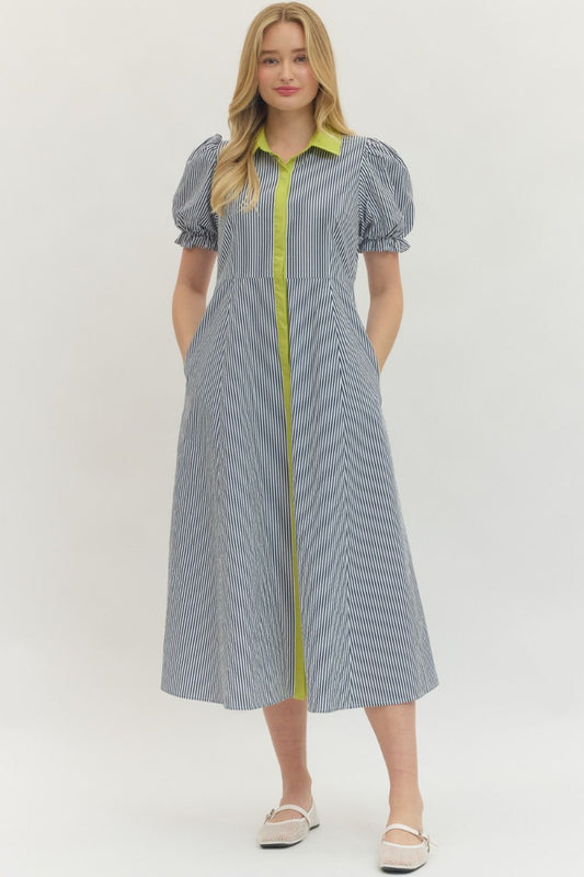 Navy and white pinstripe puff sleeve midi dress with lime green contrast collar and center front placket, fitted bodice, A-line skirt, and side pockets — Mirror on Main