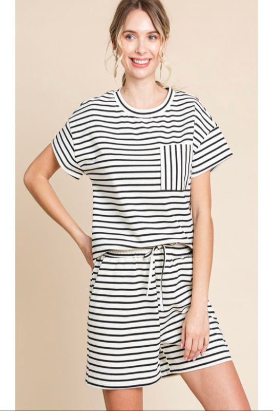 striped short sleeve top and drawstring shorts matching set in navy and ivory