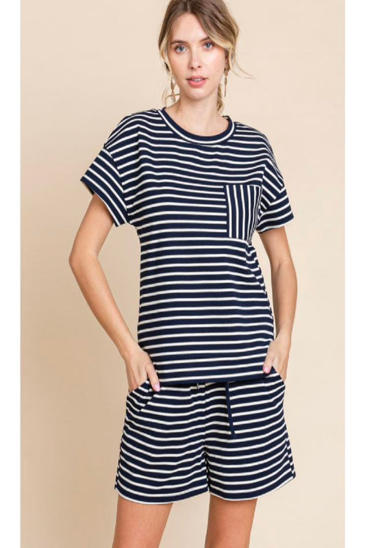 striped short sleeve top and drawstring shorts matching set in navy and ivory