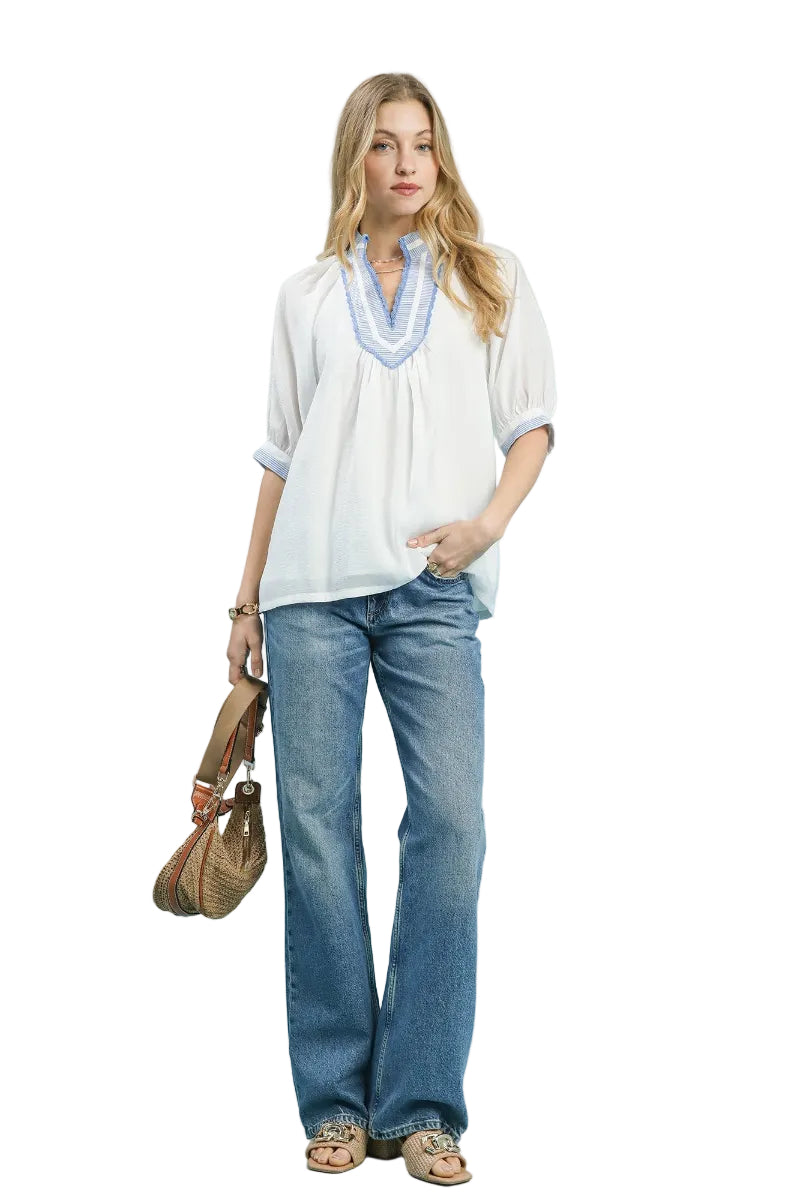 Off-white modal puff sleeve top with blue stripe contrast trim at split V-neckline and elasticated cuffs, back pleat detail, relaxed oversized fit — Mirror on Main