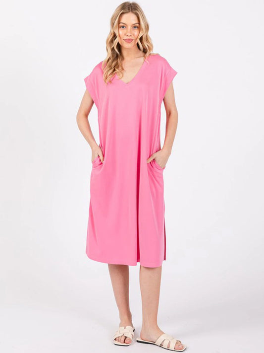 PIPPA V-NECK FRONT POCKETS SLIT MIDI DRESS - PINK