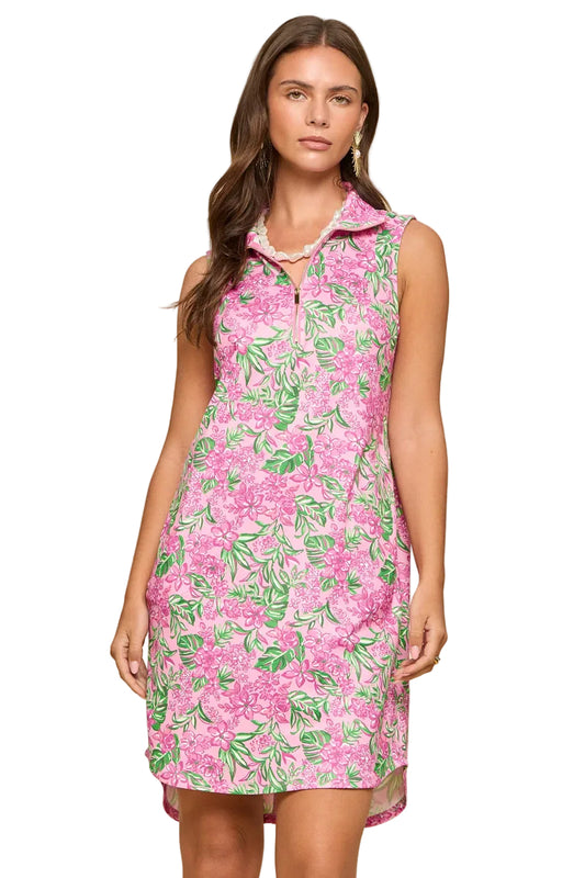 Pink floral sleeveless A-line dress with a front zipper and collared neckline.