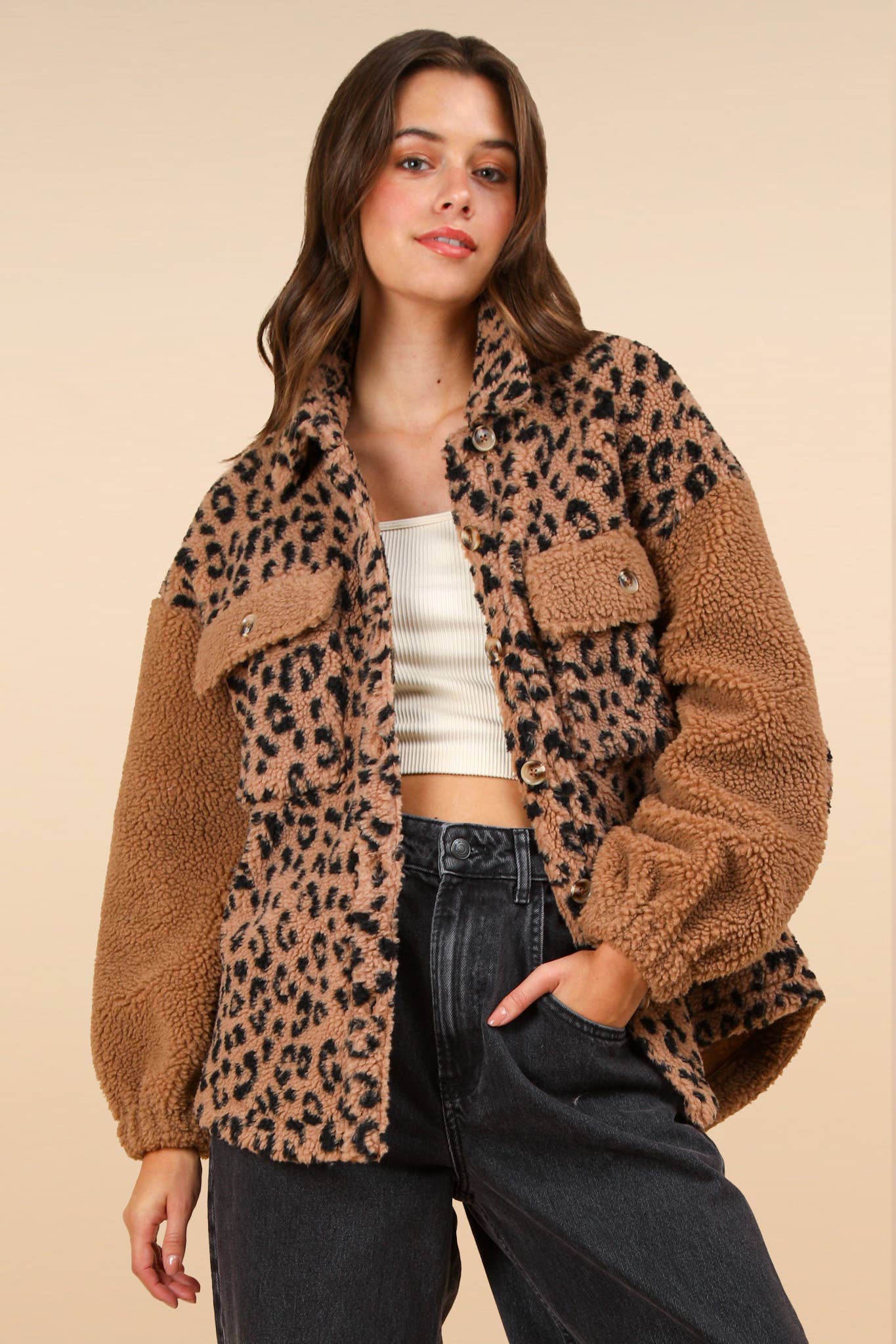 Part Of Leopard Printed Fleece Jacket - LEOPARD CARAMEL