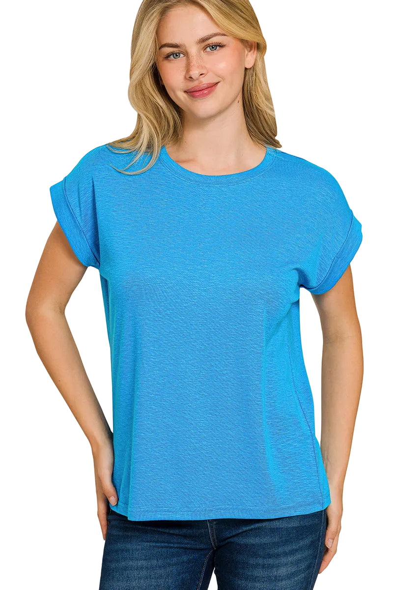 cotton modal rolled sleeve tee in blue and mint lightweight casual everyday top
