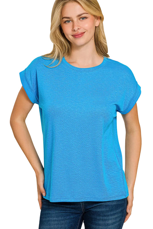 cotton modal rolled sleeve tee in blue and mint lightweight casual everyday top