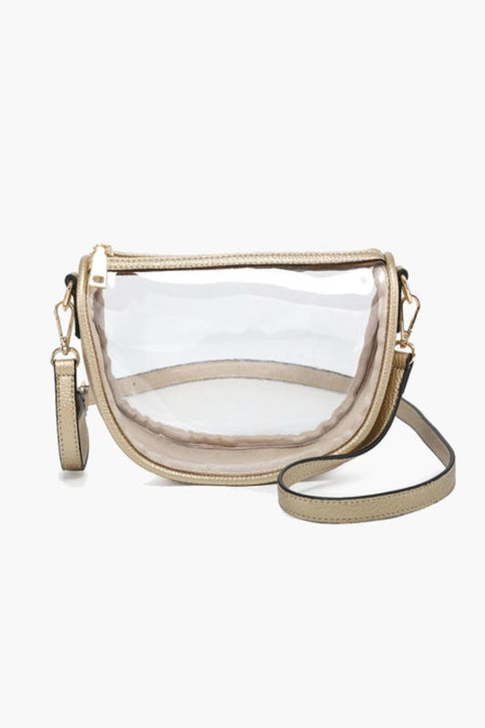 Clear handbag with gold trim on a white background