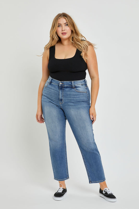 Plus High Rise Mom Jean - Med Denim