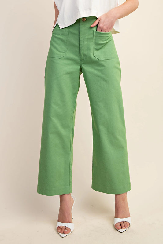 high rise cropped stretch pants in denim blue and apple green with front pockets