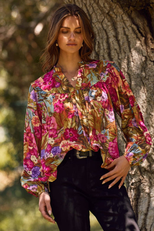 Queen Floral Printed Blouse - Olive Garden