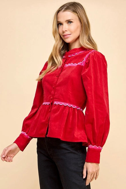 Raina Corduroy Scallop Button Up Top - Red