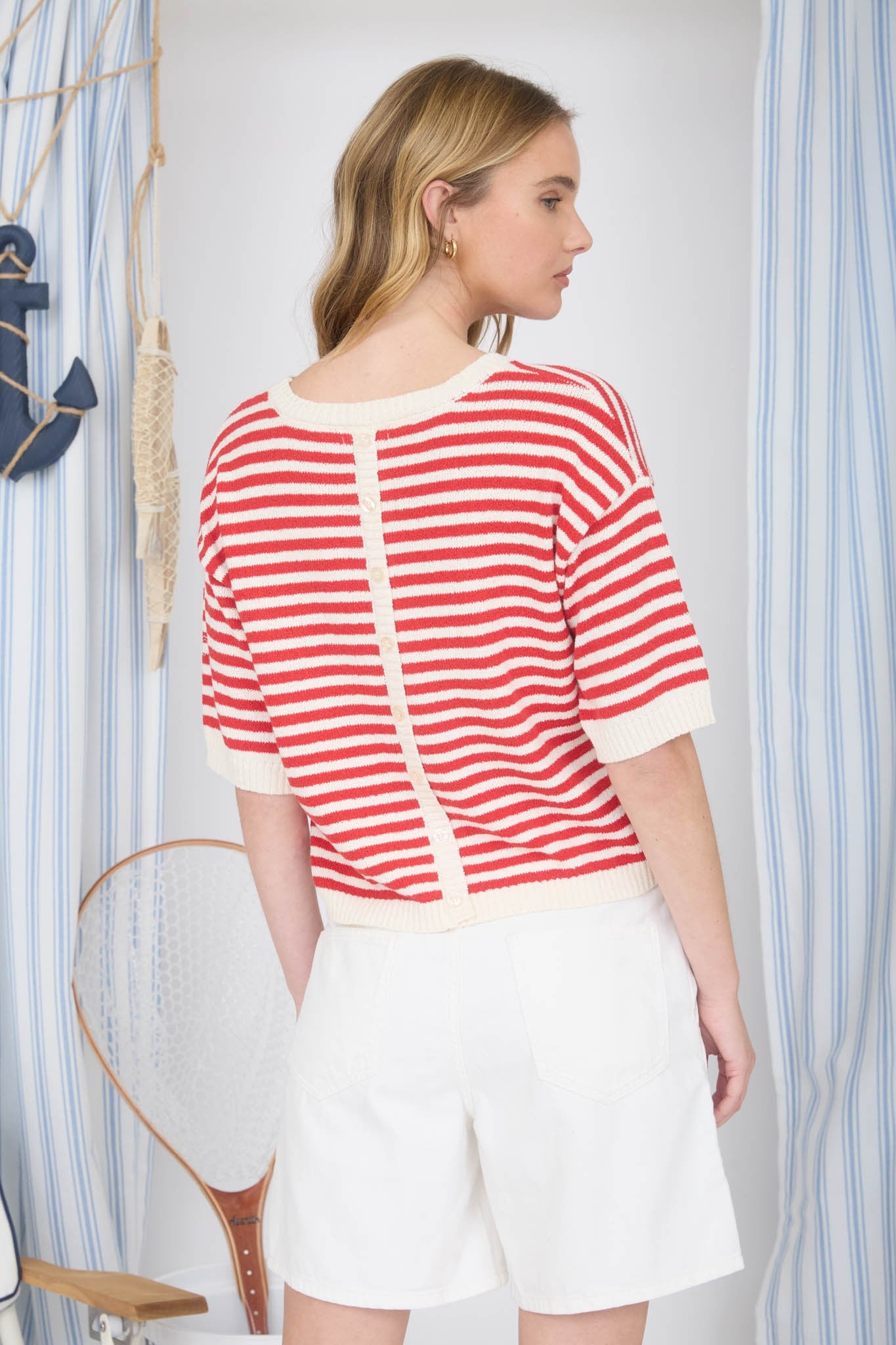 Red Stripe Back Button Knit Sweater Top