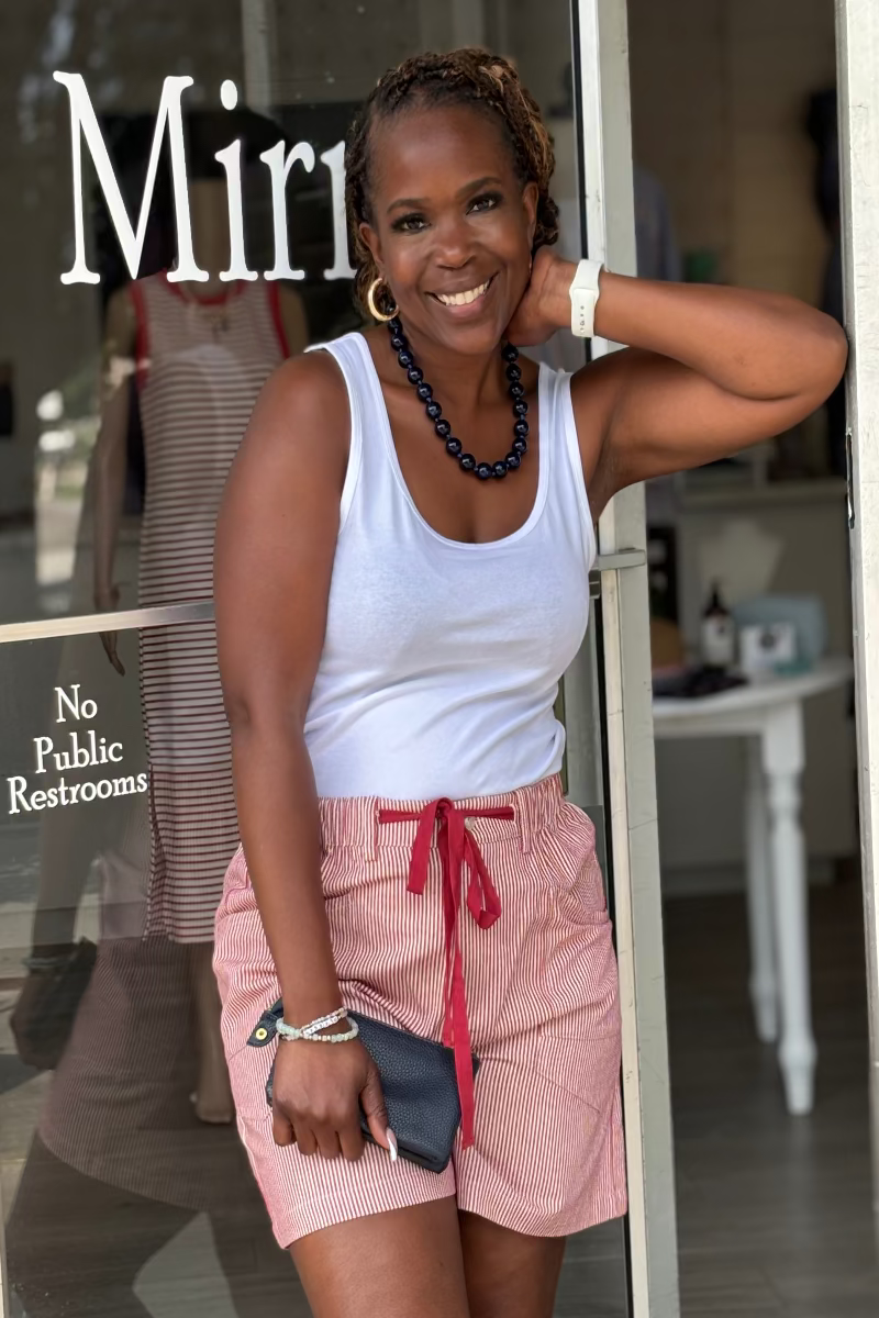 ed and white pinstripe cotton-linen twill shorts with contrast red drawstring tie, elastic waistband, and front and back patch pockets — Mirror on Main