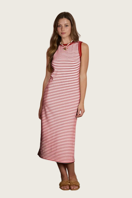 Red and white stripe sleeveless knit midi dress with contrast red trim at neckline and armholes, straight fit, and side slits — Mirror on Main