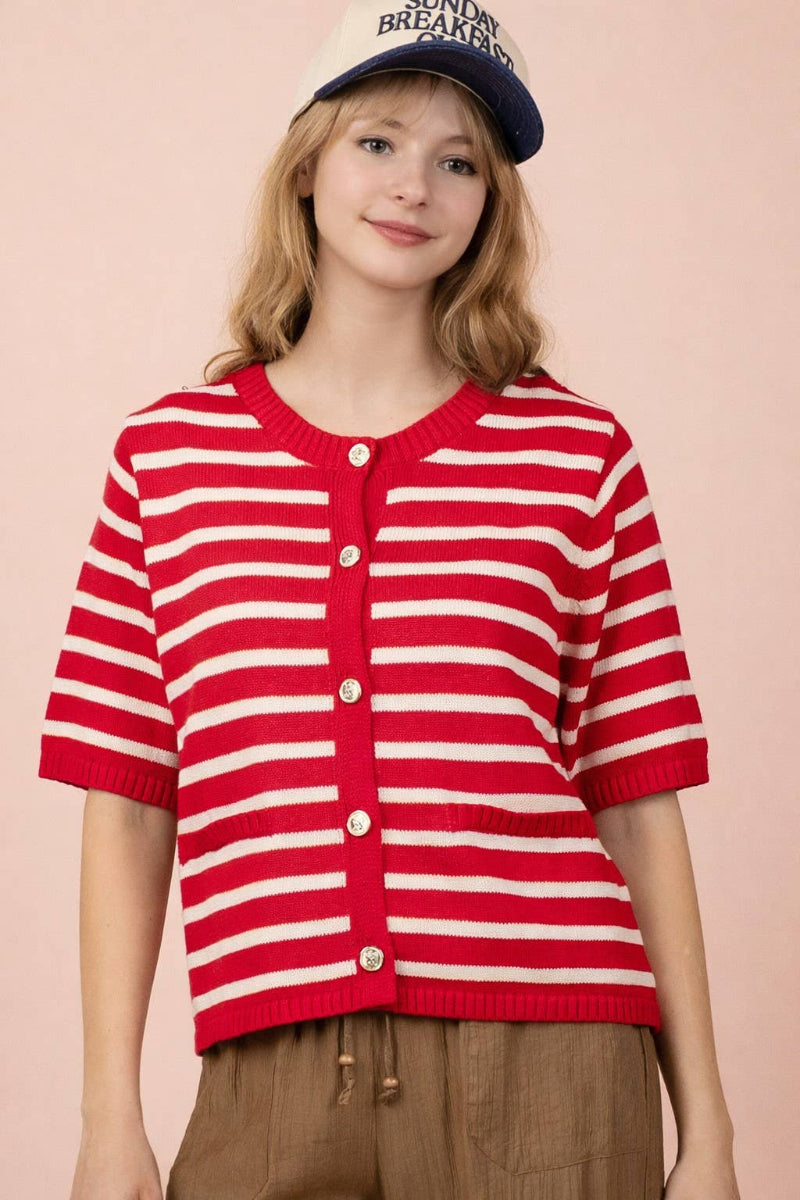 Red and cream striped 100% cotton knit cardigan with round neckline, short sleeves, gold-tone button closure, and ribbed hem — Mirror on Main
