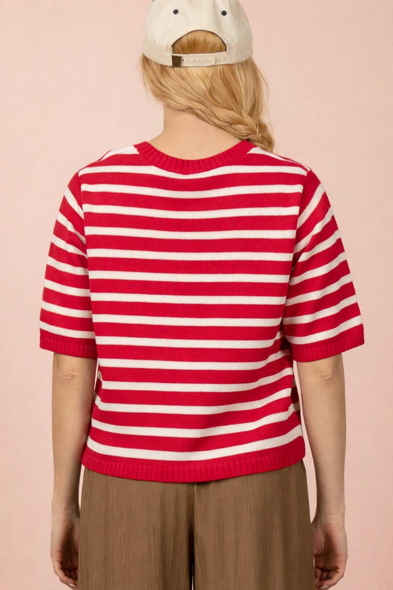 Red and cream striped 100% cotton knit cardigan with round neckline, short sleeves, gold-tone button closure, and ribbed hem — Mirror on Main