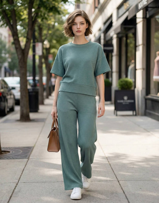 Ribbed Round Neck Tee & Pants Set - ASH JADE
