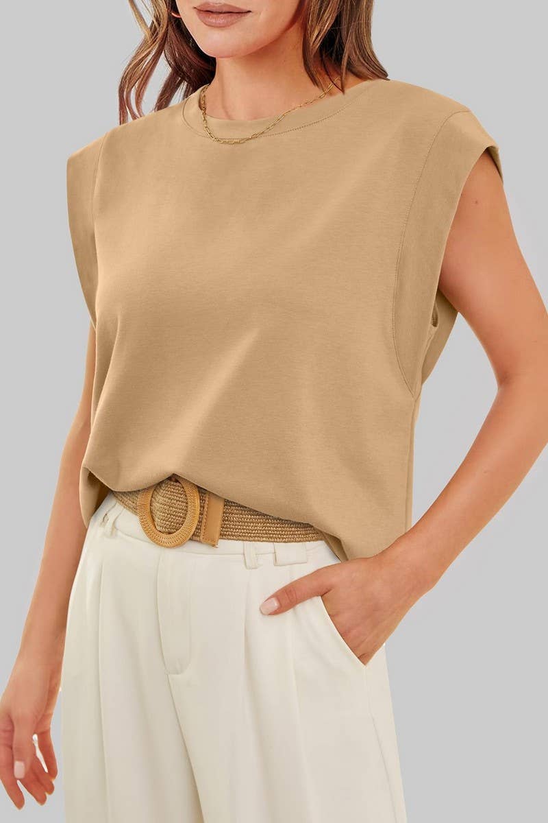 Round Neck Sleeveless Knit Top - Tan