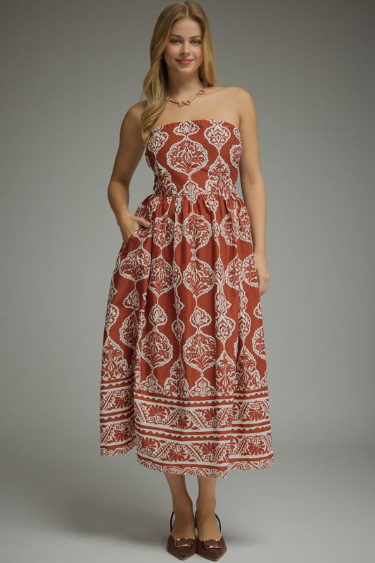 Rust Damask Strapless Dress
