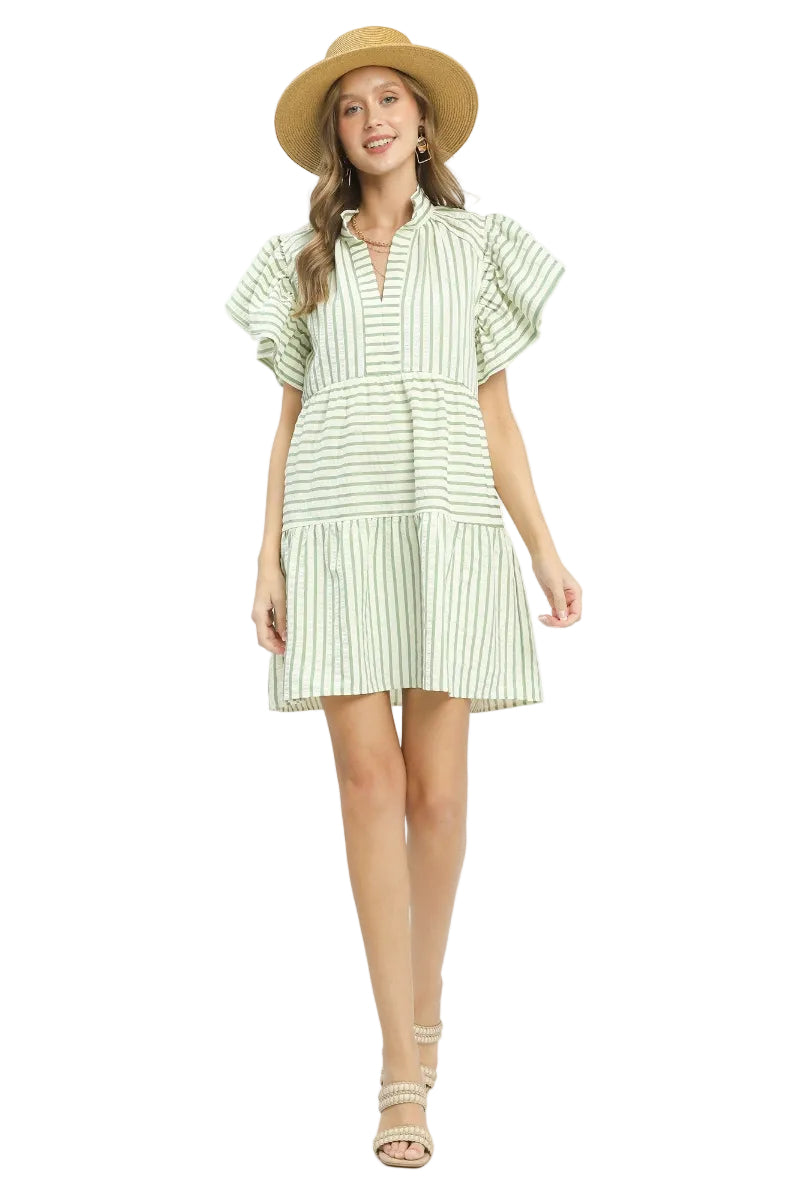 Sage green and white stripe babydoll dress with ruffled V-neckline, double flutter sleeves, and three-tiered lined skirt above the knee — Mirror on Main