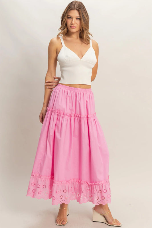 Savannah Pink Tiered Maxi Skirt with Eyelet Hem