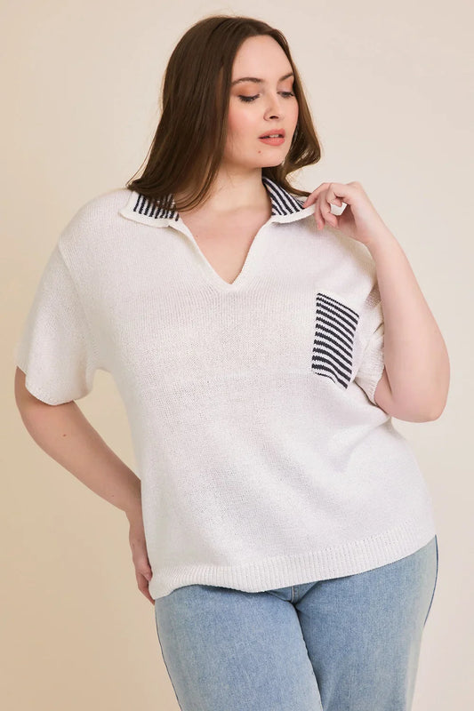 Stella Plus Size V-Neck Collar Knit Sweater - White
