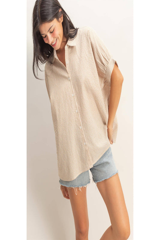 Striped Short Sleeve Button-Front Blouse - TAUPE